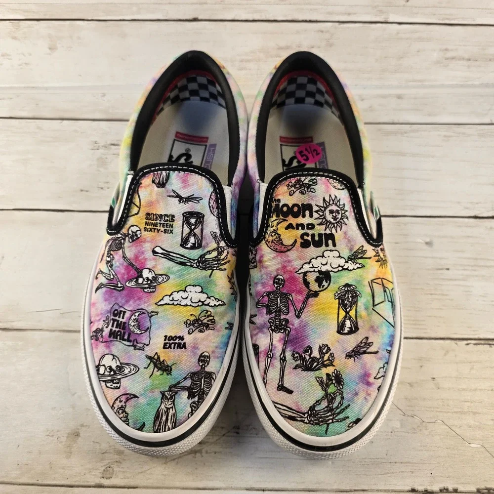Vans Skate Slip-On Tie Dye Moon and Sun Skeleton PopCush Sneakers Mens 5.5